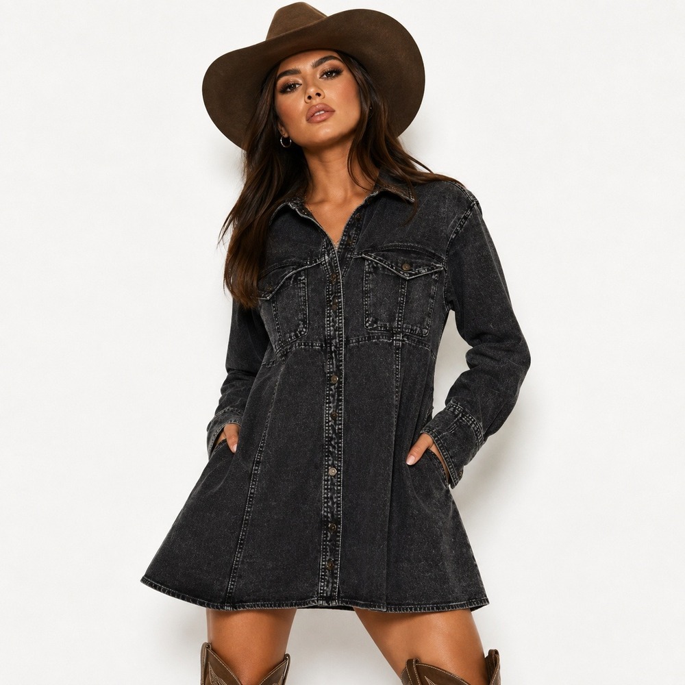We The Free Free People Sammi Denim Mini Dress Seamed Button Down Shirt Small